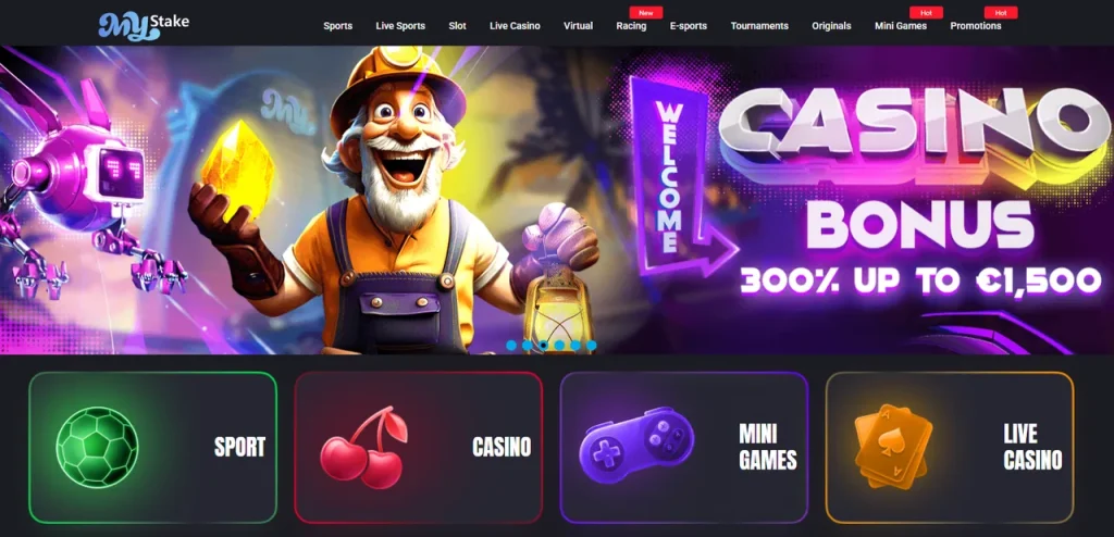 MyStake casino Australia review hero, logo with welcome bonus and game selection branding