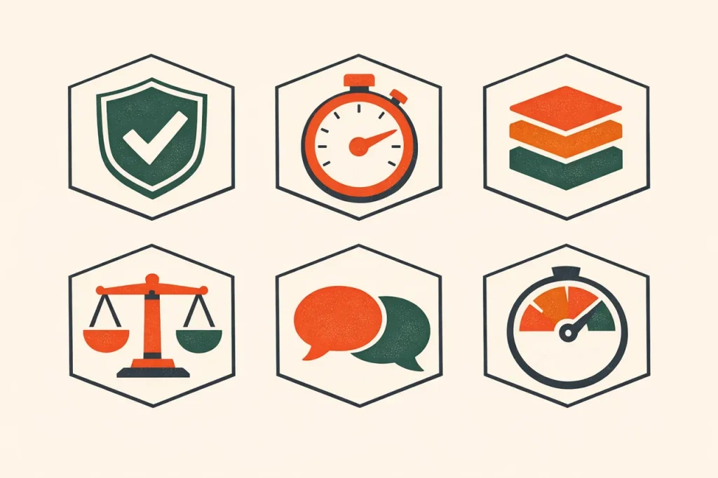 Shortlist selection criteria for online casino Australia, six hexagonal criteria icons